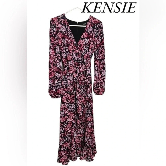 KENSIE pink chiffon,faux wrap,floral, puffy sleeve dress,sz 2, surplice,fairy - Picture 2 of 15